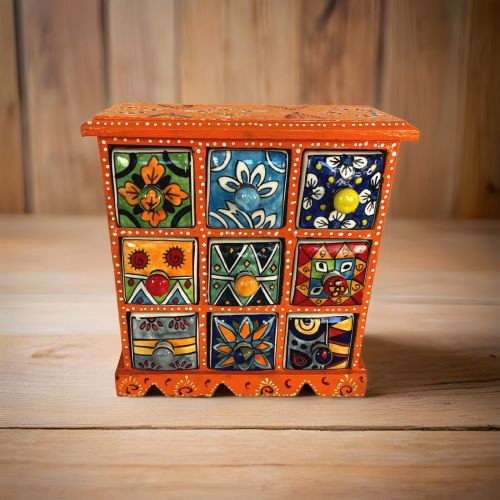 10 X 12 Inch Wooden 9 Ceramic Drawer Spice Box