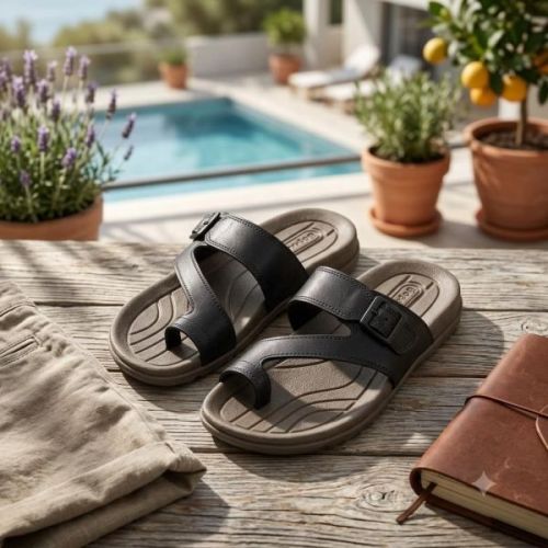 Mens Black and Grey Premium Buckle Toe Ring Slipper