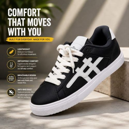 Mens Black and White Synthetic Leather Lace Up Sneaker
