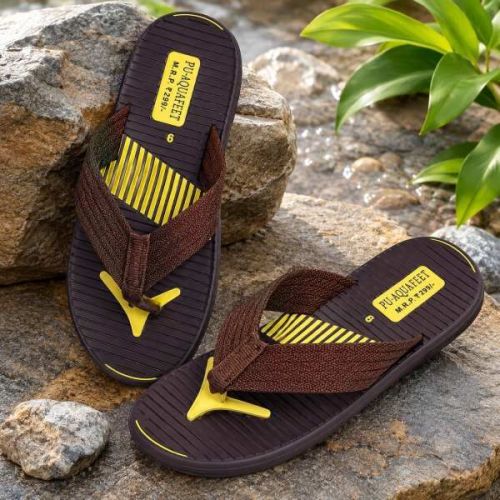 Mens Brown and Yellow Fabric Strap Flip Flop Slipper