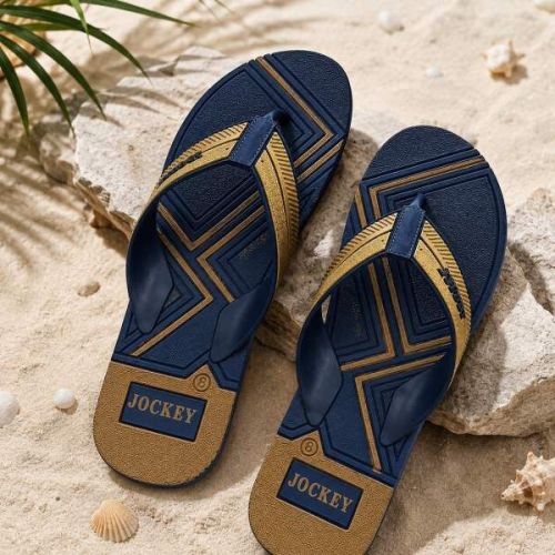 Mens Navy Blue and Tan Classic Comfort Flip Flop Slipper