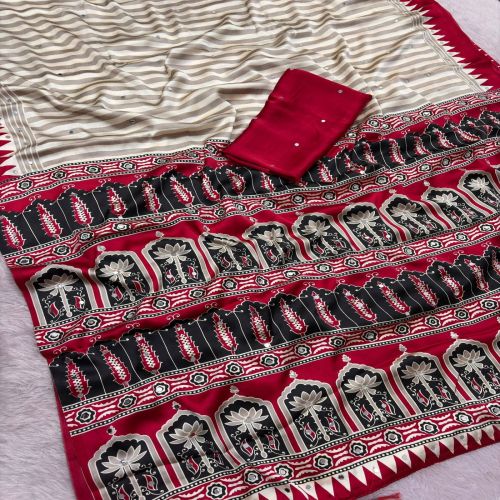 Ajrakh Print Red Satin Crepe Saree