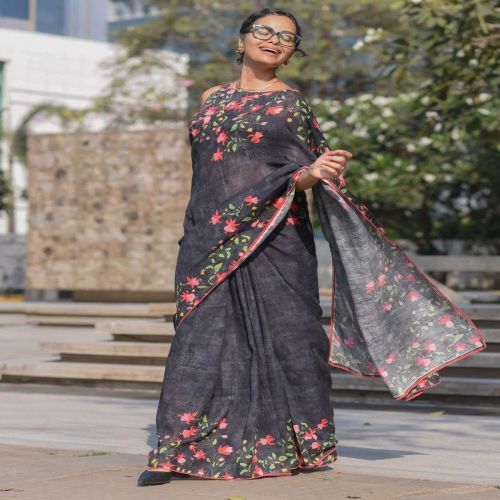 Black Printed Linen Saree