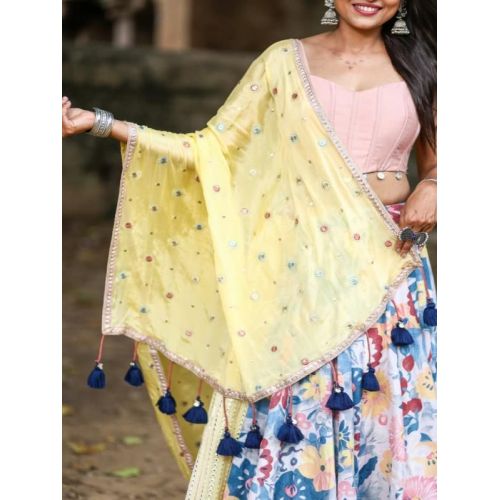 Ladies Blue Printed Flax Cotton Lehenga Choli with Chinon Silk Dupatta