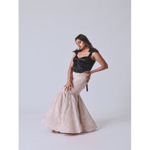 Ladies Black Velvet Embellished Top with Off White Mermaid Skirt Set