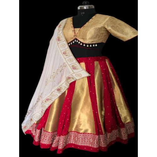 Ladies Golden and Maroon Satin Silk Mirror Work Lehenga Choli with Tissue Silk Dupatta