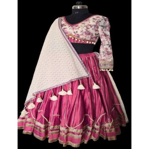 Ladies Light Pink and White Satin Silk Lehenga Choli with Tissue Silk Dupatta
