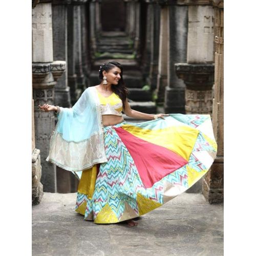 Ladies Multicolor Silk Slub Flare Lehenga Choli with Dupatta