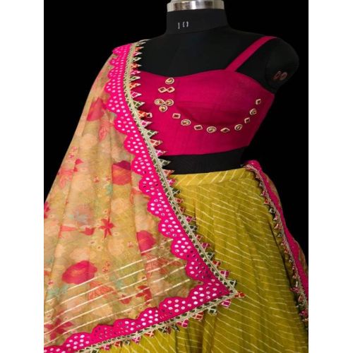 Ladies Mustard Yellow and Pink Slub Silk Chikankari Flare Lehenga Choli with Dupatta