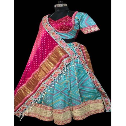 Ladies Sky Blue and Pink Satin Silk Lehenga Choli with Dupatta