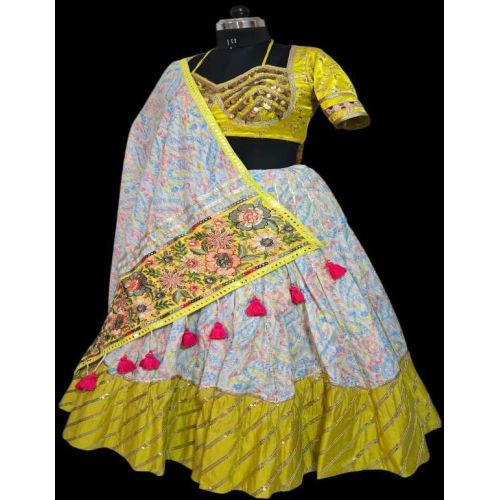 Ladies Yellow and White Printed Pure Cotton Lehenga Choli with Embroidered Dupatta