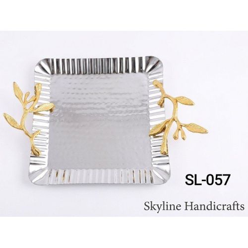 Aluminium Hammered Serving Tray with Leaf Handle