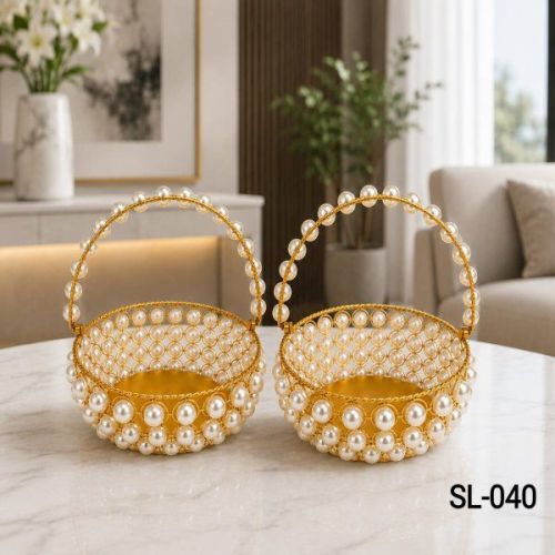 Decorative Golden Iron Basket with Pearl Work