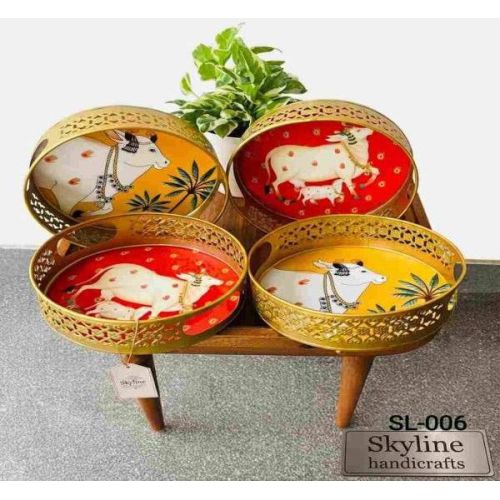 Decorative Round Pichwai Art Tray with Golden Iron Meena Work