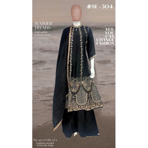 Ladies Black Designer Embroidered Palazzo Suit Set