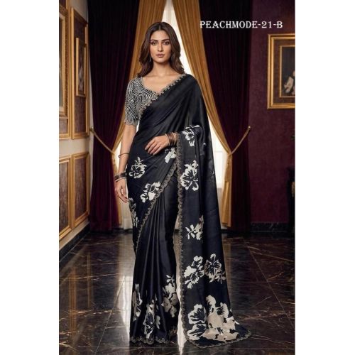 Ladies Black Floral Satin Silk Designer Saree