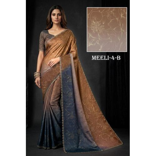 Ladies Brown Designer Satin Silk Party Wear Saree