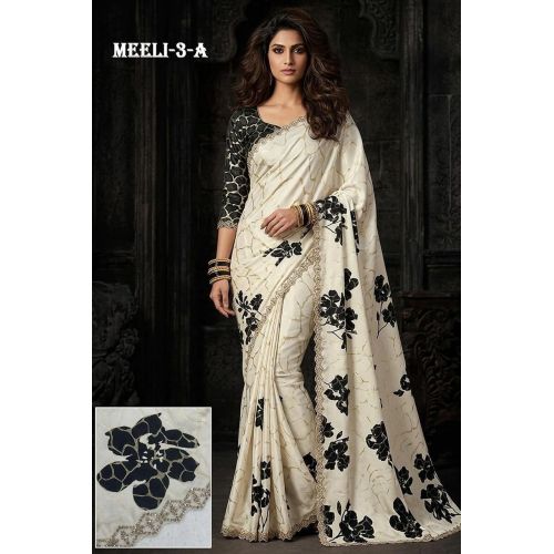 Ladies Ivory Black Floral Satin Silk Saree