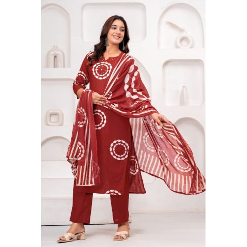 Ladies Maroon Printed Cotton Kurta Pant Suit Set