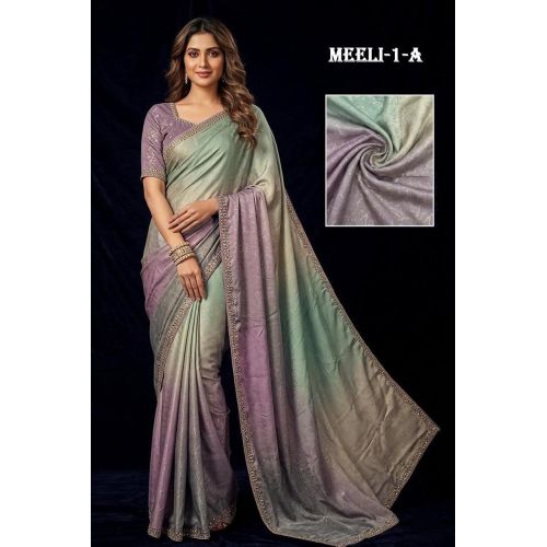 Ladies Mint Green Lavender Satin Silk Saree