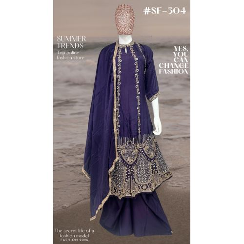 Ladies Navy Blue Heavy Embroidered Palazzo Suit Set