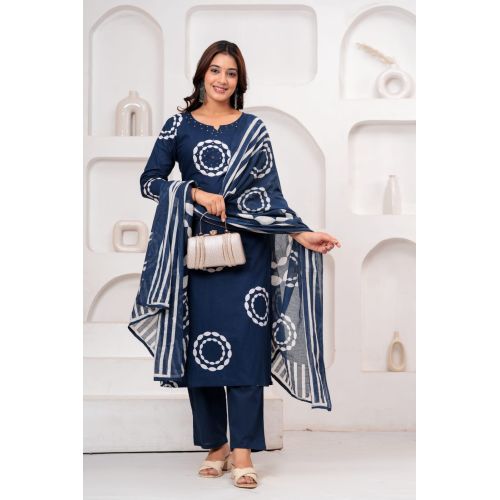 Ladies Navy Blue Printed Cotton Kurta Pant Suit Set