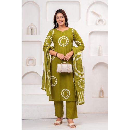 Ladies Olive Green Cotton Kurta Pant Set