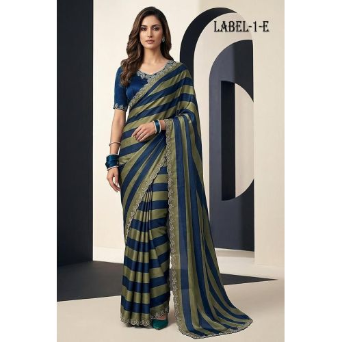 Ladies Olive Green Stripe Designer Satin Silk Saree