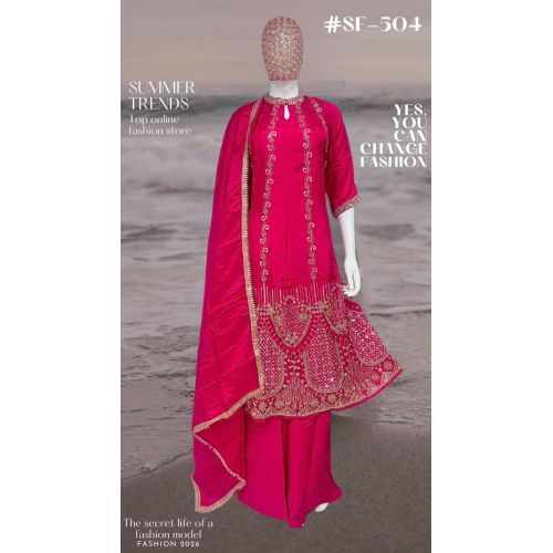 Ladies Rani Pink Heavy Embroidered Palazzo Suit Set