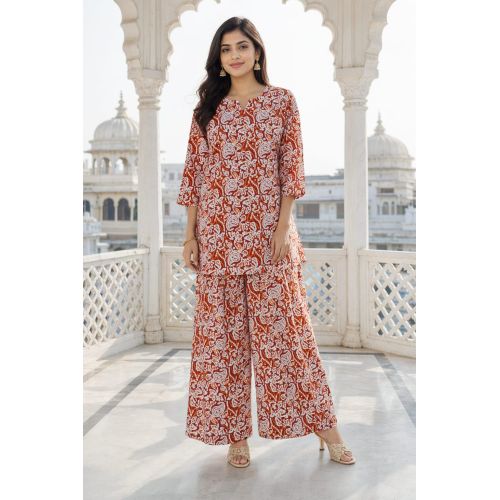 Ladies Rust Printed Cotton Co-Ord Set