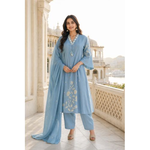 Ladies Sky Blue Embroidered Cotton Suit Set