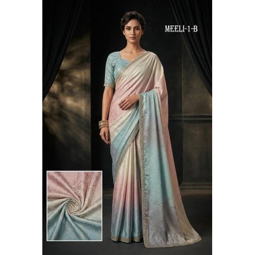 Ladies Sky Blue Pink Ombre Satin Silk Saree