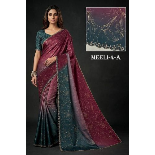 Ladies Wine Teal Ombre Satin Silk Saree
