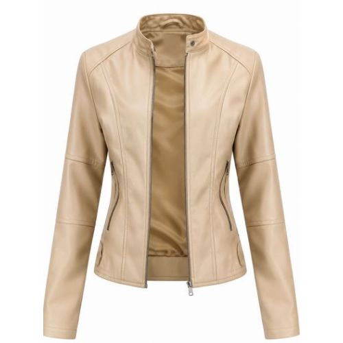 Ladies Beige Stand Collar Leather Jacket