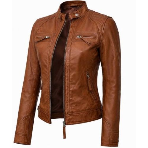 Ladies Cognac Brown CAF Racer Leather Jacket
