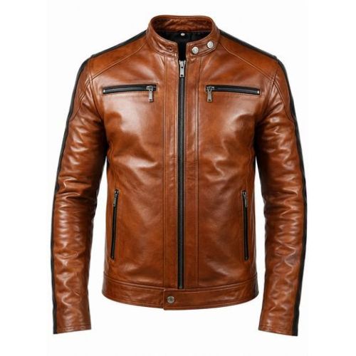 Mens Cognac Brown CAF Racer Leather Jacket