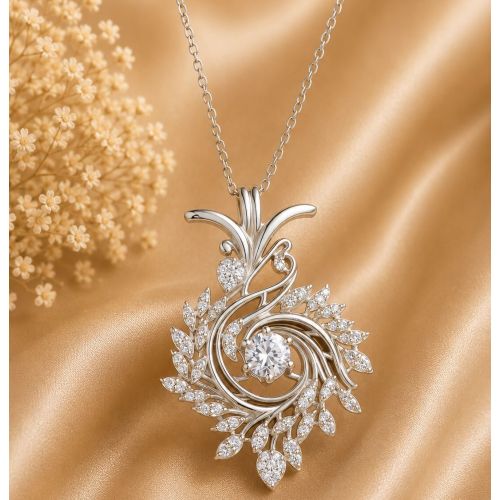 18K Yellow Gold Leaf Design Round Diamond Pendant Necklace