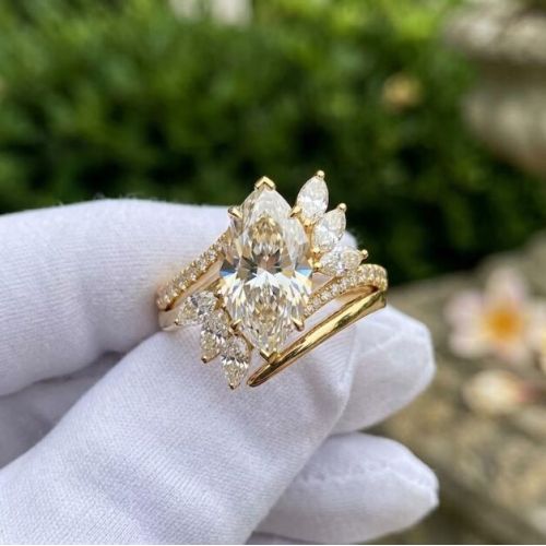 3CT Marquise Cut E VVS2/VS1 Lab Grown Diamond Engagement Ring Set