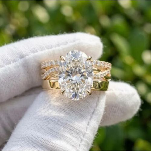 3CT Oval Cut Lab Grown Diamond Triple Pavé Band Ring