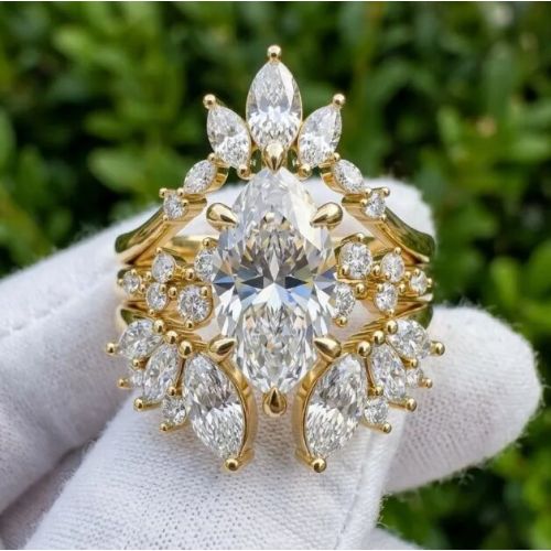 4CT IGI Certified Marquise Lab Grown Diamond Ring Set
