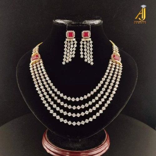 4 Line Diamond Necklace Earrings Set