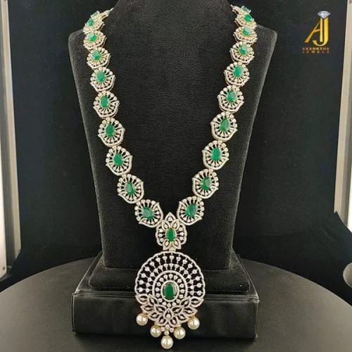 Green Emerald Diamond Long Necklace