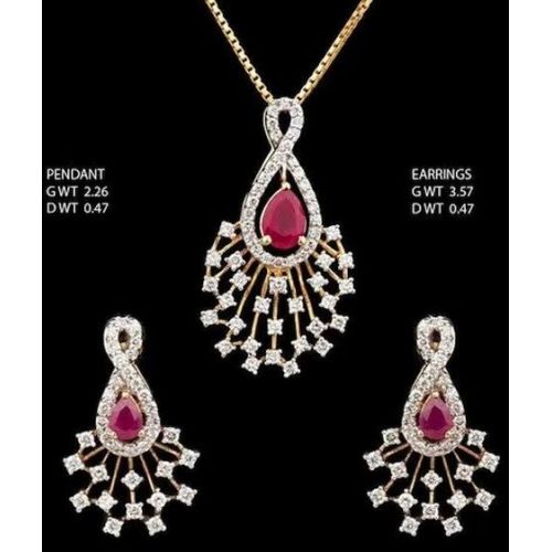 Pink Ruby Studded Diamond Pendant Set