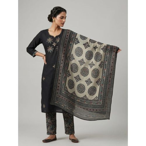 Ladies Black Printed Cotton Kurta Pant Dupatta Set