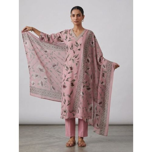 Ladies Blush Pink Floral Cotton Ethnic Suit