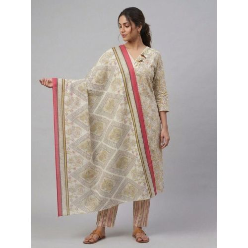 Ladies Cream Printed Cotton Ethnic Suit