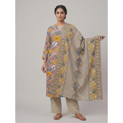 Ladies Dusty Pink Floral Cotton Ethnic Suit