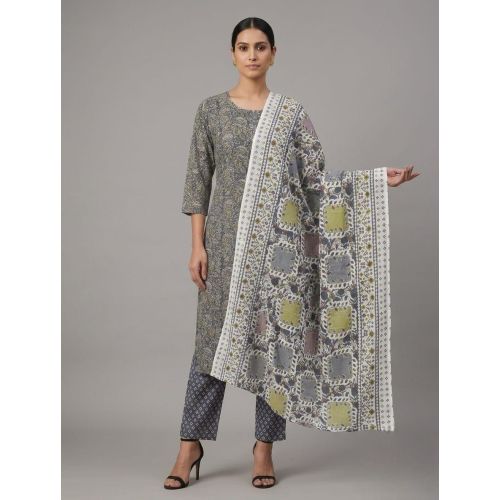 Ladies Grey Floral Cotton Suit Set