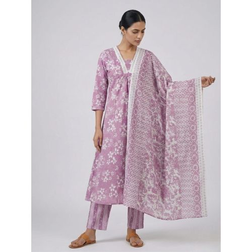 Ladies Lavender Printed Kurti Pant Dupatta Set