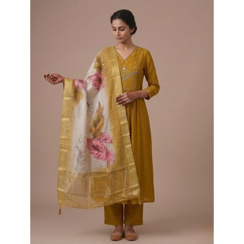 Ladies Mustard Embroidered Festive Cotton Suit